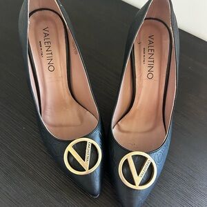 Valentino Black Heels with Gold Logo Detail